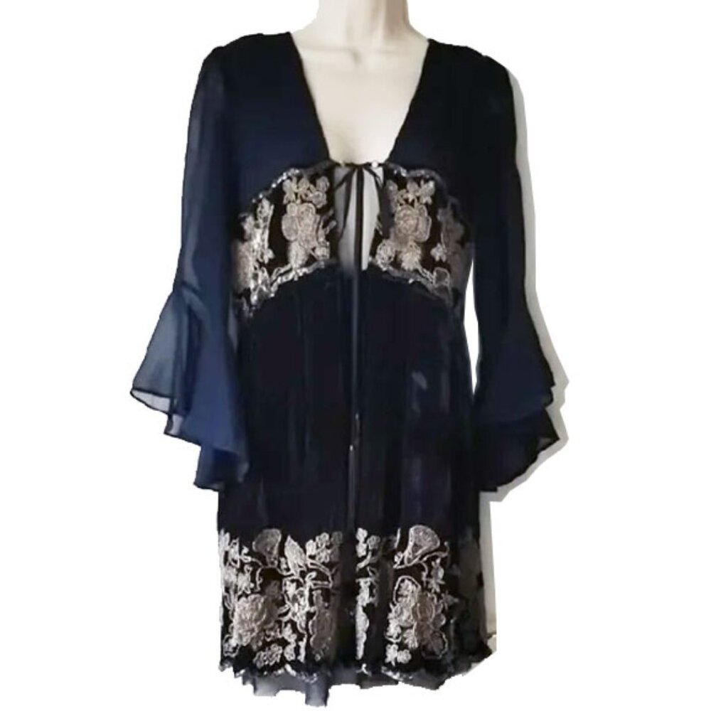 FP Limited Edition Gemma Mini Dress S Midnight Blue Beaded Velvet Chiffon
